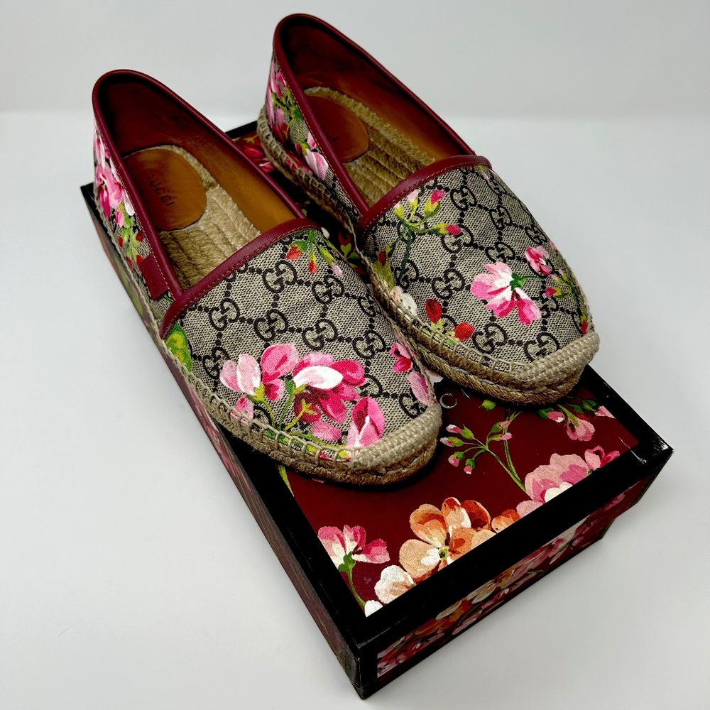 Gucci GG Pink Bloom Supreme Canvas Brown Espadrilles Size 7